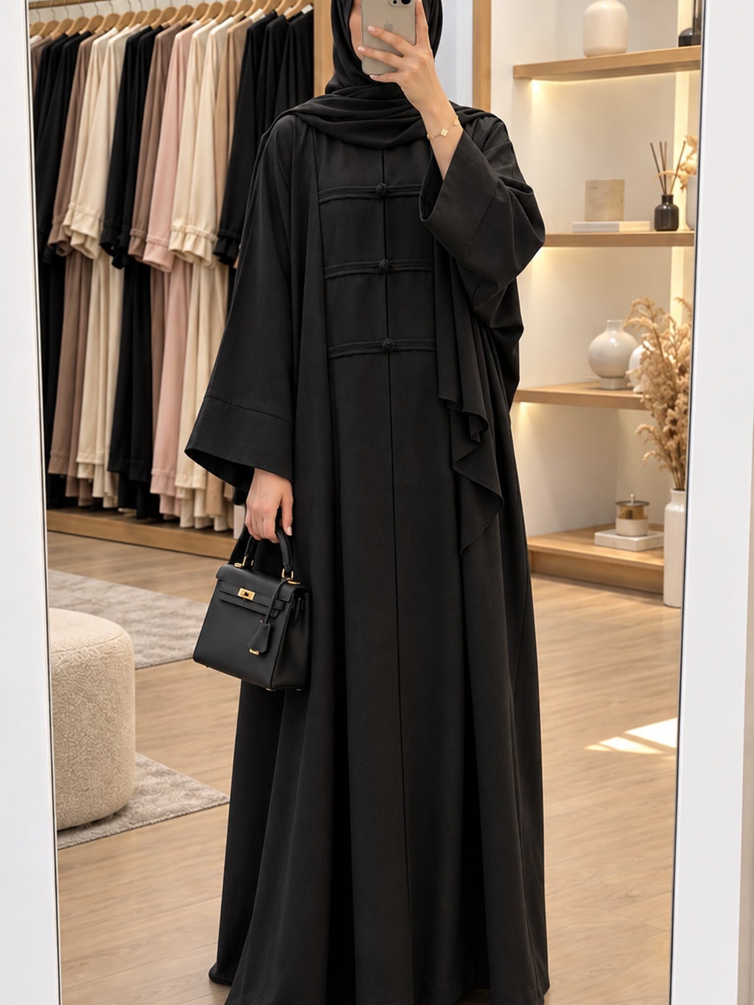 Abaya Lian noire à brandebourgs, portée avec un sac à main noir